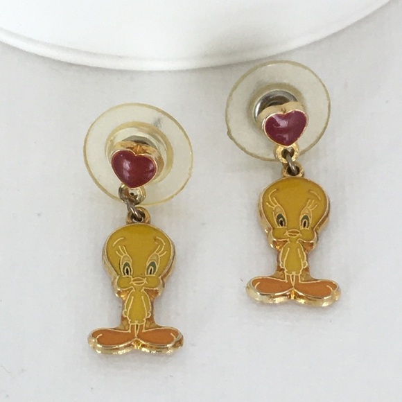 Foster Grant Jewelry - Vintage Tweety Bird Heart Enamel Earrings Gold Pierced Dangle By WB Foster Grant